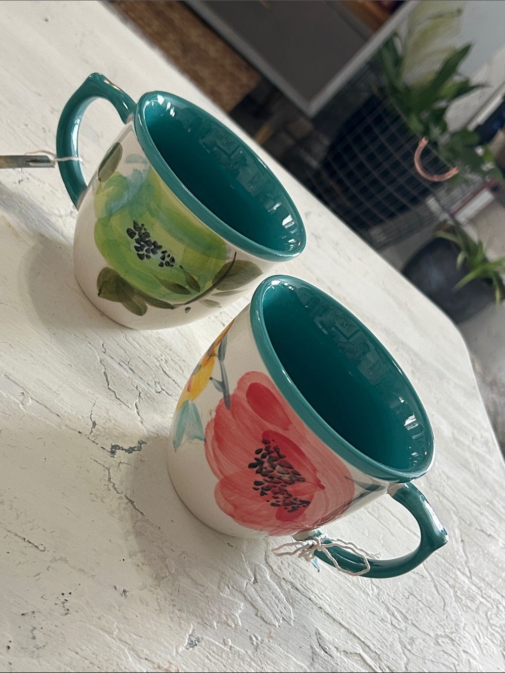 The Pioneer Woman Floral Ceramic Mugs with Teal Interior and Handles - Set of 2